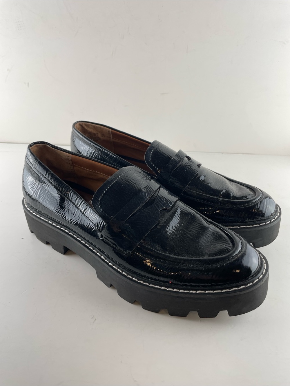 Franco Sarto Black Patent Lug Sole Loafers | Size 7.5